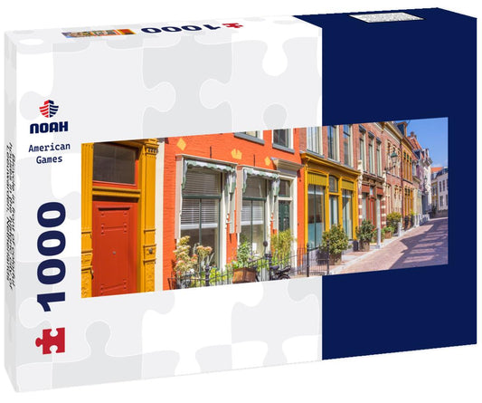Noah Jigsaw Puzzle Bicycle in front of colorful houses in the historic city of Leeuwarden, Netherlands panorama 1000 pieces