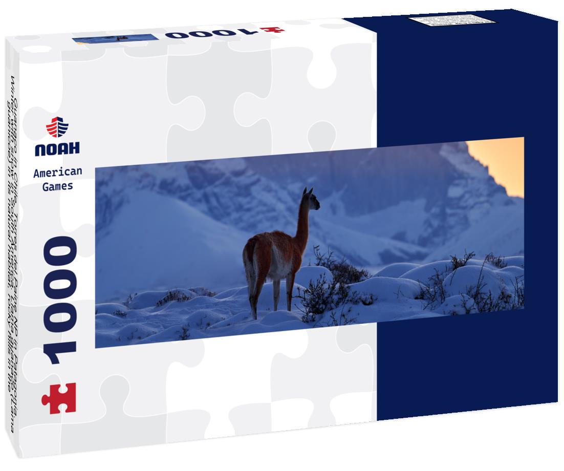 Noah Jigsaw Puzzle Guanaco in Chile, Torres del Paine NP in Patagonia. Winter with snow in South America. Llama guanaco (Lama guanicoe) in its natural habitat, rocky hills in the mountains. Sunset with snow in Patagonia panorama 1000 pieces