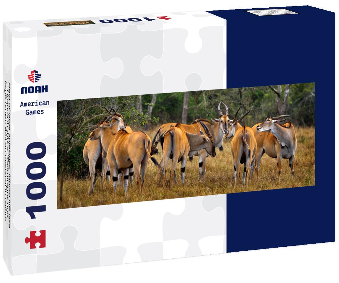 Noah Jigsaw Puzzle Herd of large antelopes, Mburo NP lake, Uganda in Africa. Taurotragus oryx, large brown African mammal in nature panorama 1000 pieces