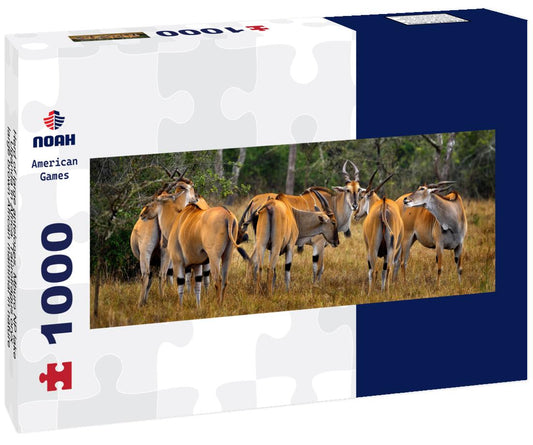 Noah Jigsaw Puzzle Herd of large antelopes, Mburo NP lake, Uganda in Africa. Taurotragus oryx, large brown African mammal in nature panorama 1000 pieces