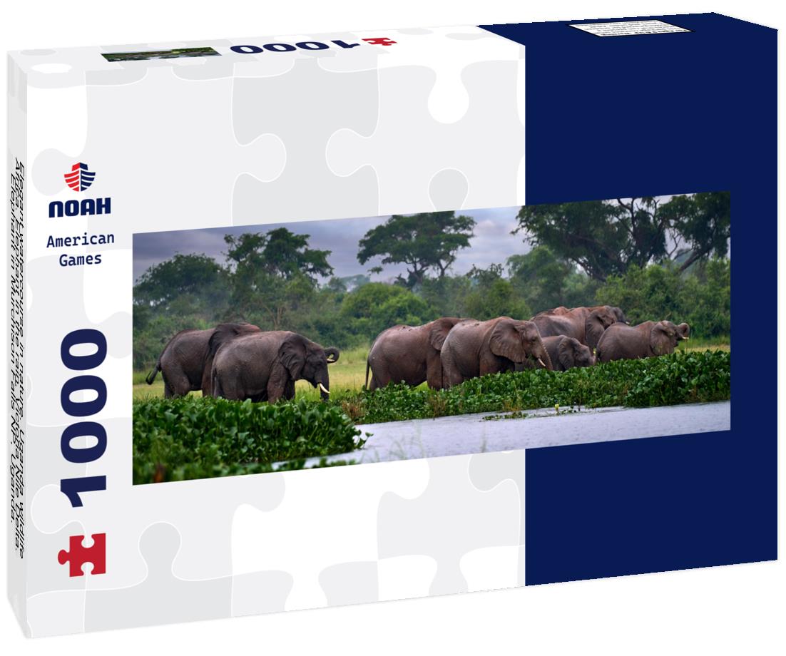 Noah Jigsaw Puzzle Elegant watercourse in nature. Uganda wildlife, Africa. Elephant in the rain, Victoria Nile Delta. Elephant in Murchison Falls NP, Uganda. Large mammal in green grass, forest vegetation panorama 1000 pieces