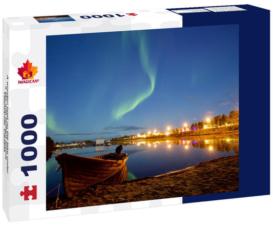 ImagiCan Jigsaw Puzzle A wooden boat on the lake under a sky with brilliant aurora, Yellowknife, Canada 1000 pieces