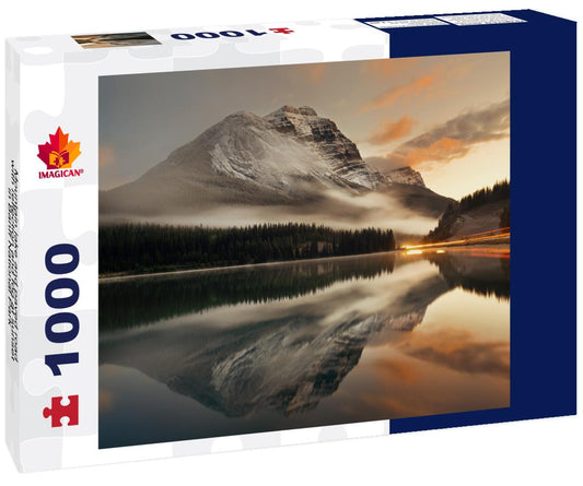 ImagiCan Jigsaw Puzzle Mountain lake and paved road with reflection and fog at sunset in Banff National Park 1000 pieces