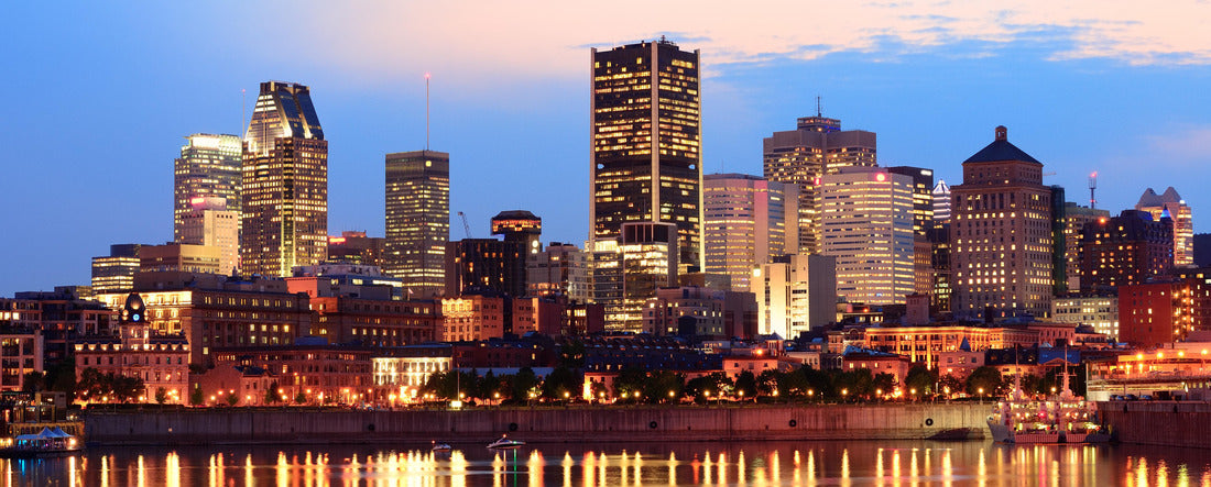 Montreal over the river at sunset with city lights and buildings 2000pc Panoramic Puzzle