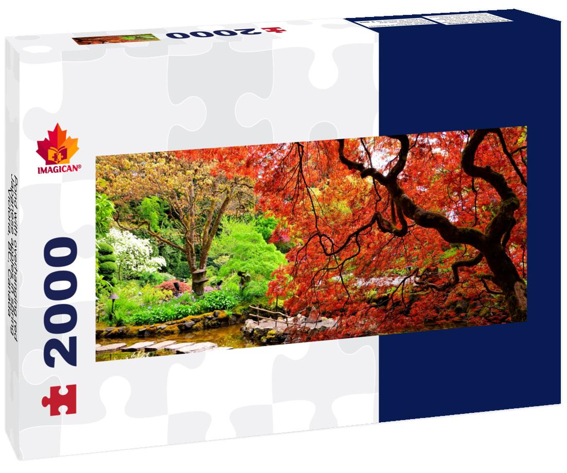 Pond with overhanging red Japanese apples in spring, Victoria, BC, Canada 2000pc Panoramic Puzzle