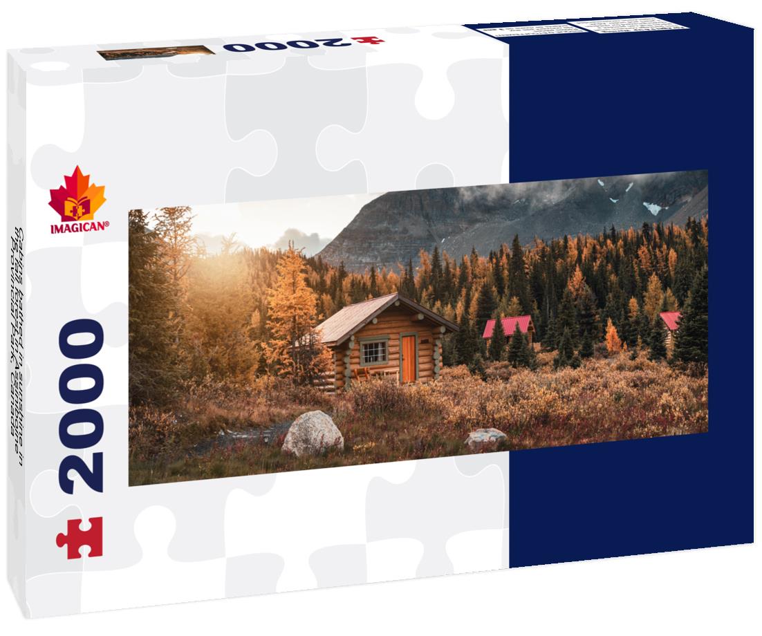 Cabins bathed in sunshine in fall forest in Assiniboine Provincial Park, Canada 2000pc Panoramic Puzzle