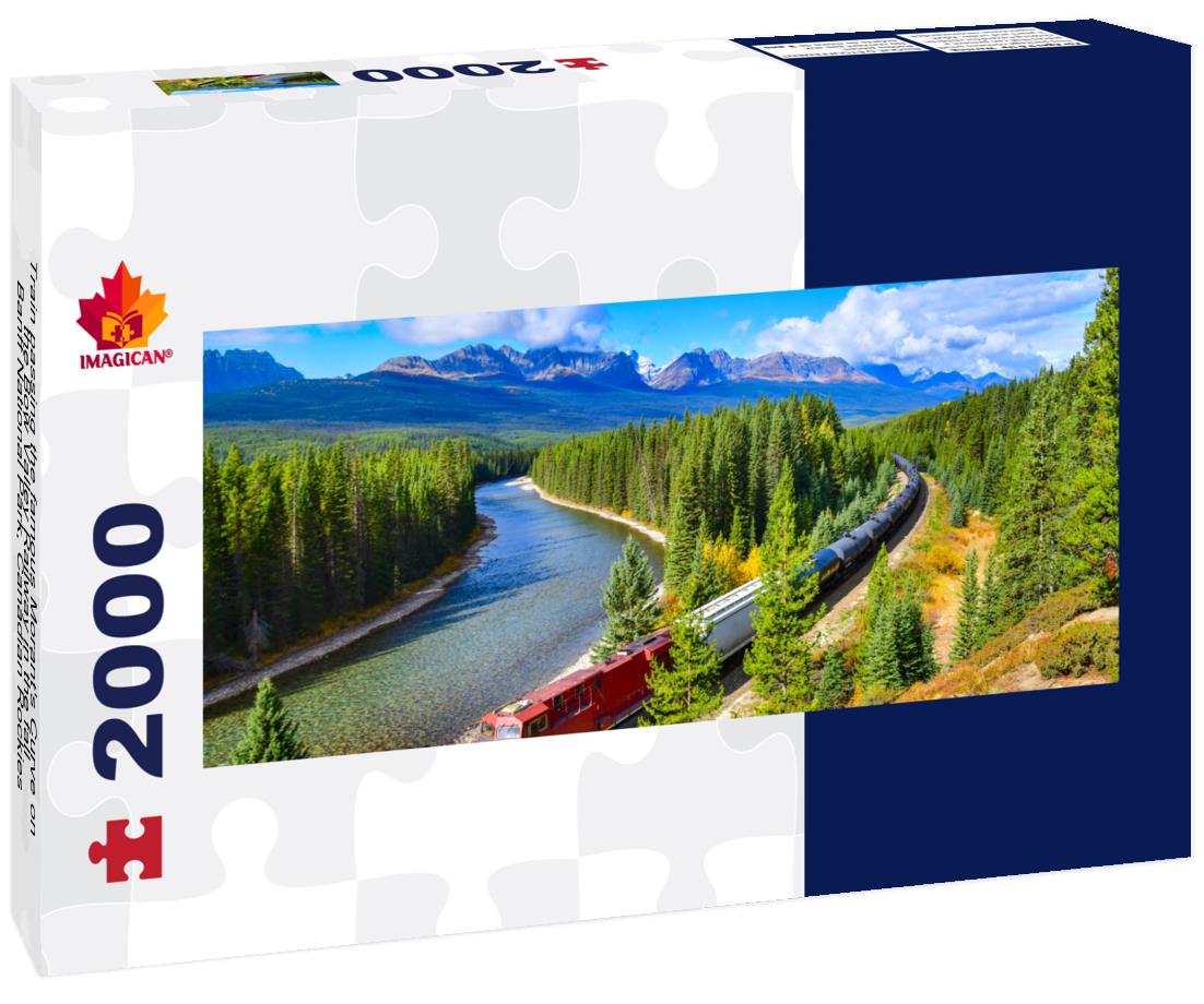 Train passing Morant's Curve at Bow Valley in fall, Banff National Park 2000pc Panoramic Puzzle