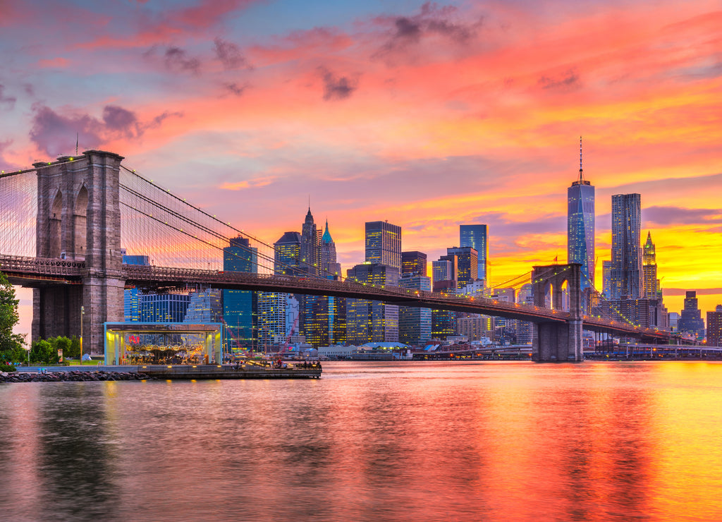 Lower Manhattan skyline and Brooklyn Bridge New York