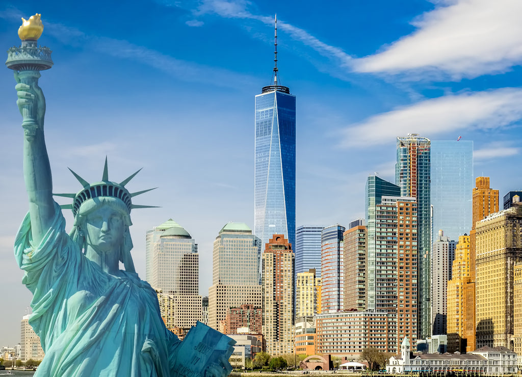 Cityscape of New York, Statue of Liberty, lower skyline of Manhattan