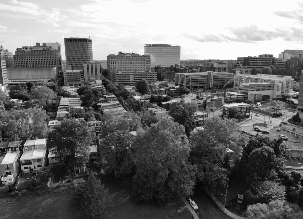 The aerial view of the downtown buildings and residential areas near Wilmington, Delaware, U.S.A in black white