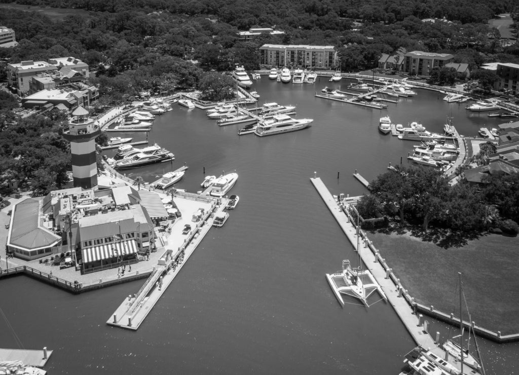 Harbor Town, Hilton Head Island, South Carolina in black white