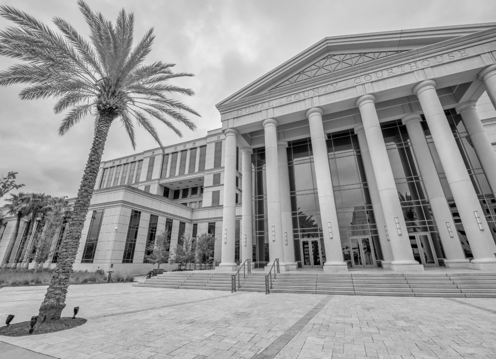 Duval County Courthouse on a cloudy day, Jacksonville, Florida in black white