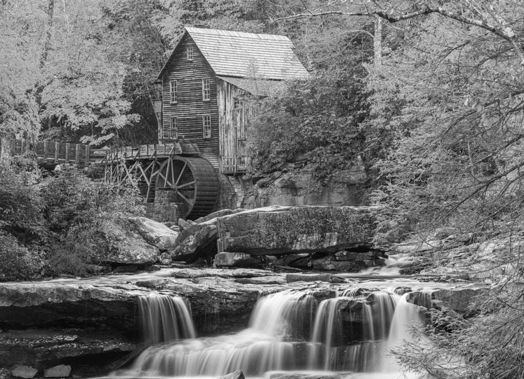 Babcock State Park, West Virginia, USA at Glade Creek Grist Mill in black white