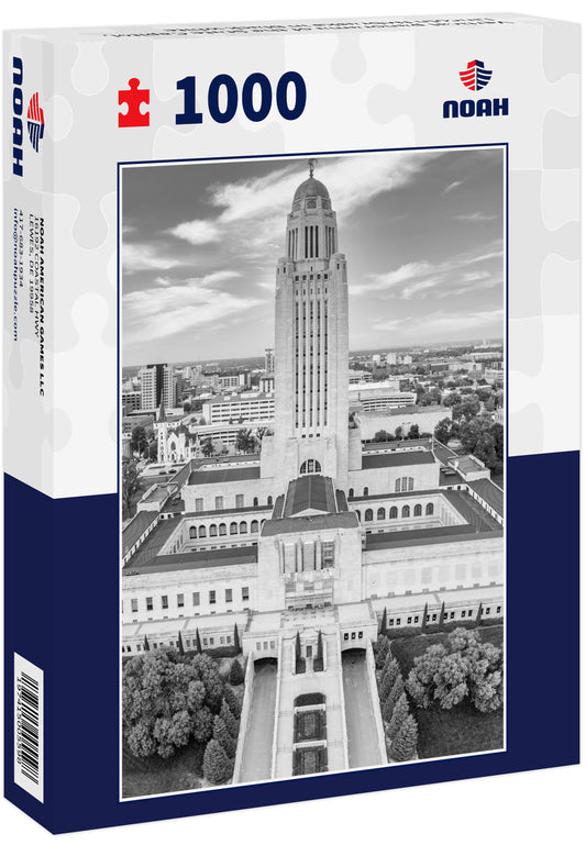 Vertical panorama of the State Capitol, Lincoln Nebraska in black white