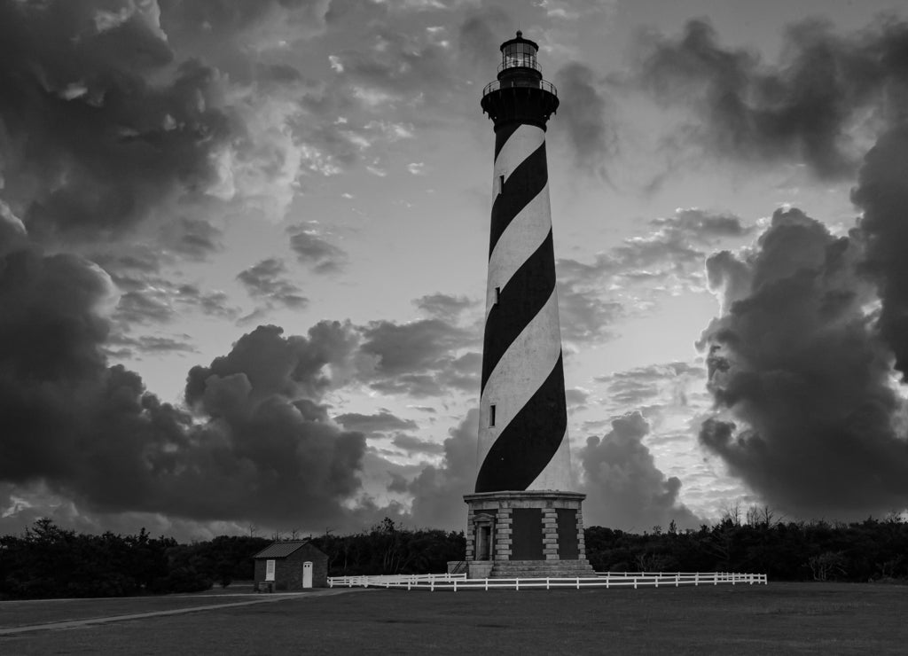 Cape Hatteras Lighthouse on the. Atlantic coast of North Carolina. in black white
