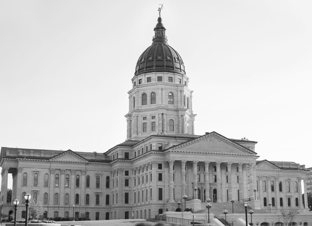 Capitol building Topeka Kansas in black white