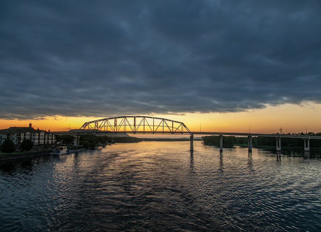 Wabasha–Nelson Bridge Over the Mississippi River, Wabasha, Minnesota at Sunset on a Cloudy Evening