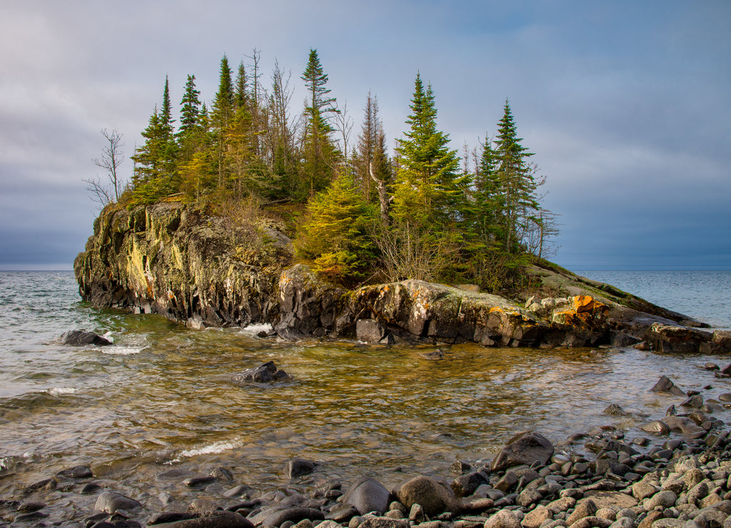 Tombolo island on the North Shore of Lake Superior, Minnesota