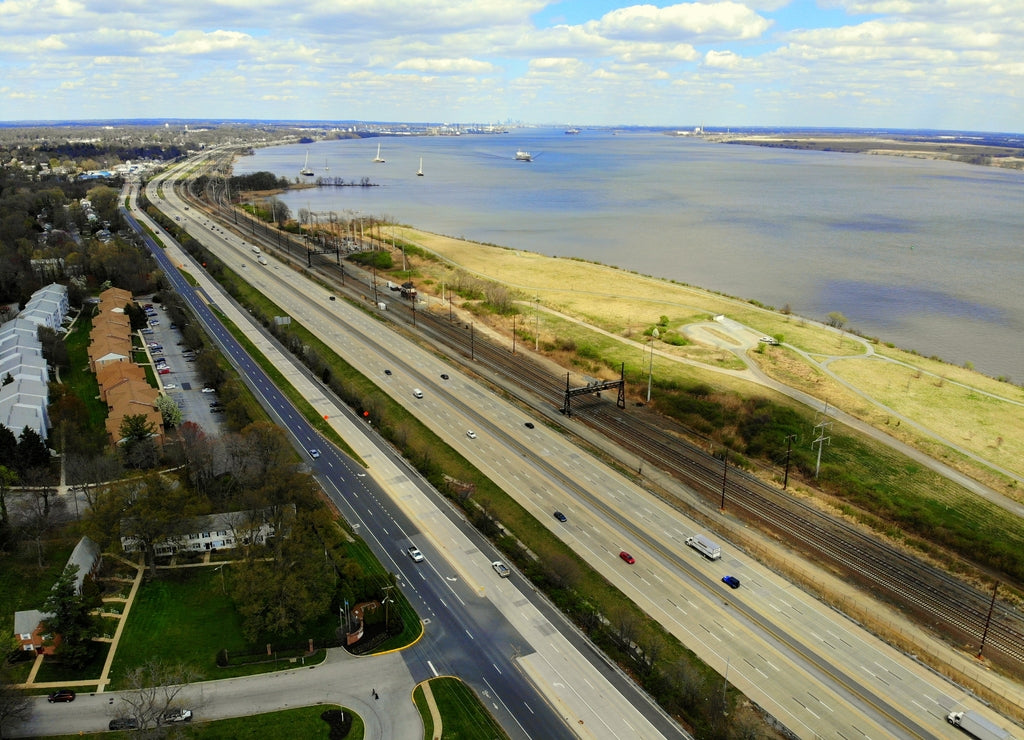 The aerial view of Governor Printz Boulevard, Interstate 495 and the river of Wilmington, Delaware, U.S.A