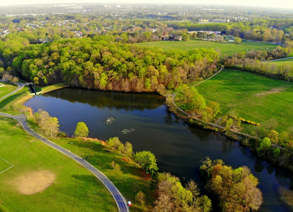 The aerial view of the pond near Carousel Park, Pike Creek, Delaware, U.S.A