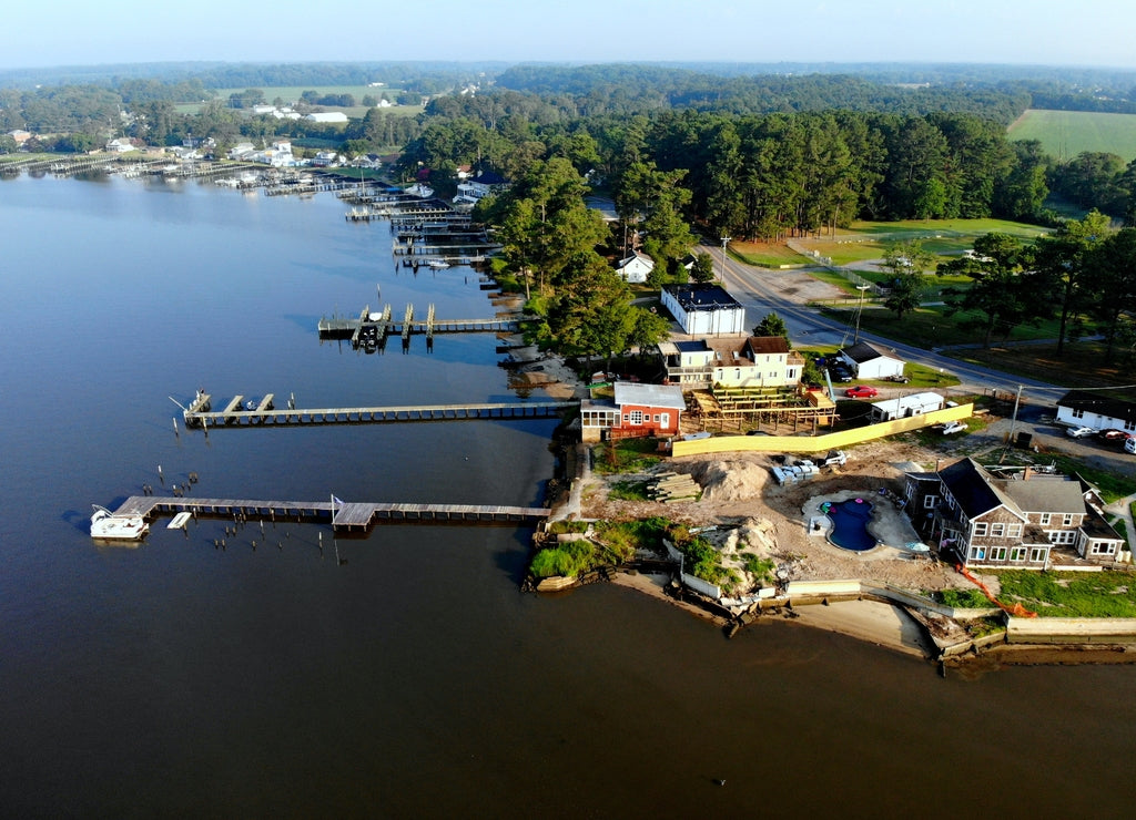 The aerial view of the waterfront homes with a private dock near Millsboro, Delaware, U.S.A