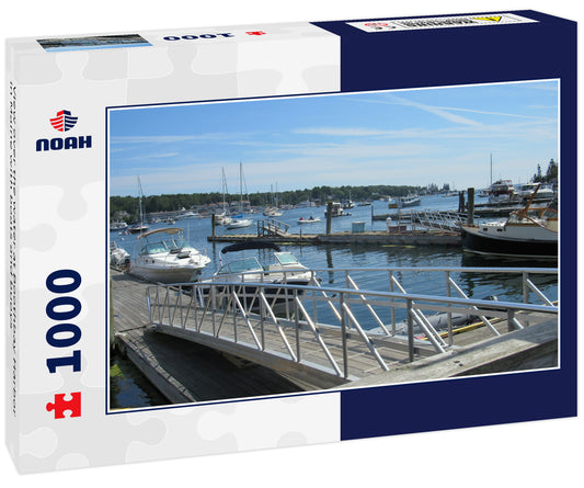 View over the water at Boothbay Harbor in Maine with boats and buoys