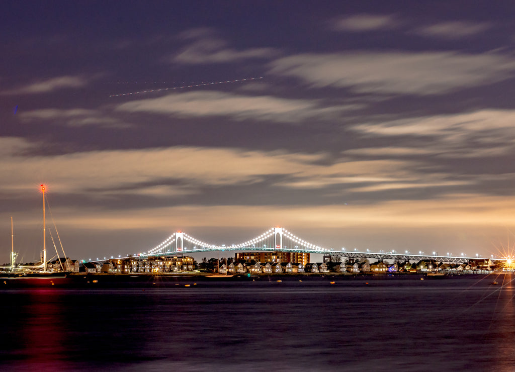 Claiborne Pell Bridge in Background at night in newport Rhode Island