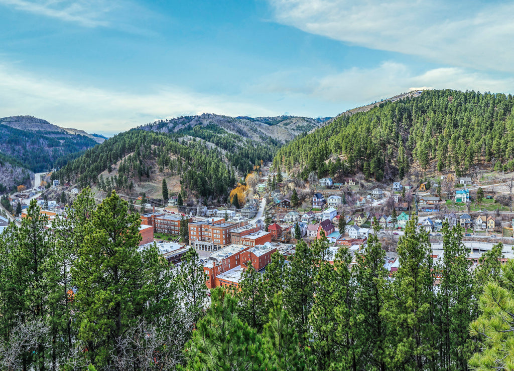 View from above of historical wild west town of Deadwood in South Dakota USA