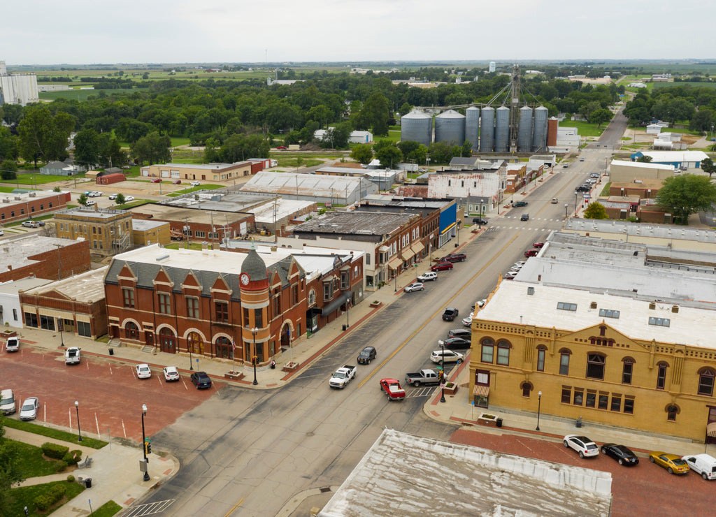 Aerial View Main Street Intersection Small Town Hiawatha Kansas
