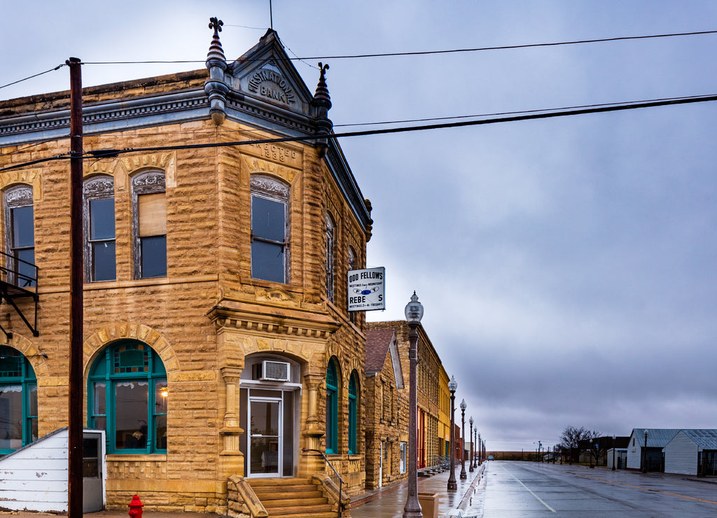 Beautiful limestone buildings from the late 1880s still form the core of rural downtown Jetmore, Kansas