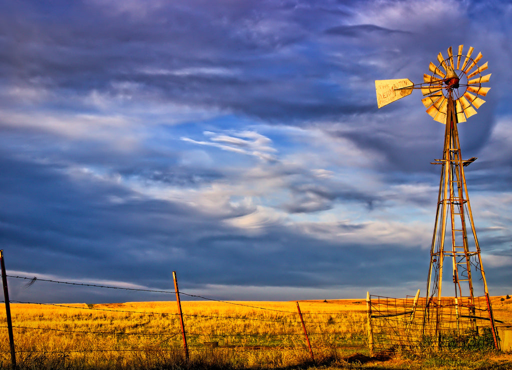Saline County, Kansas USA - Aermotor Windmill in the Prairie at Sunset
