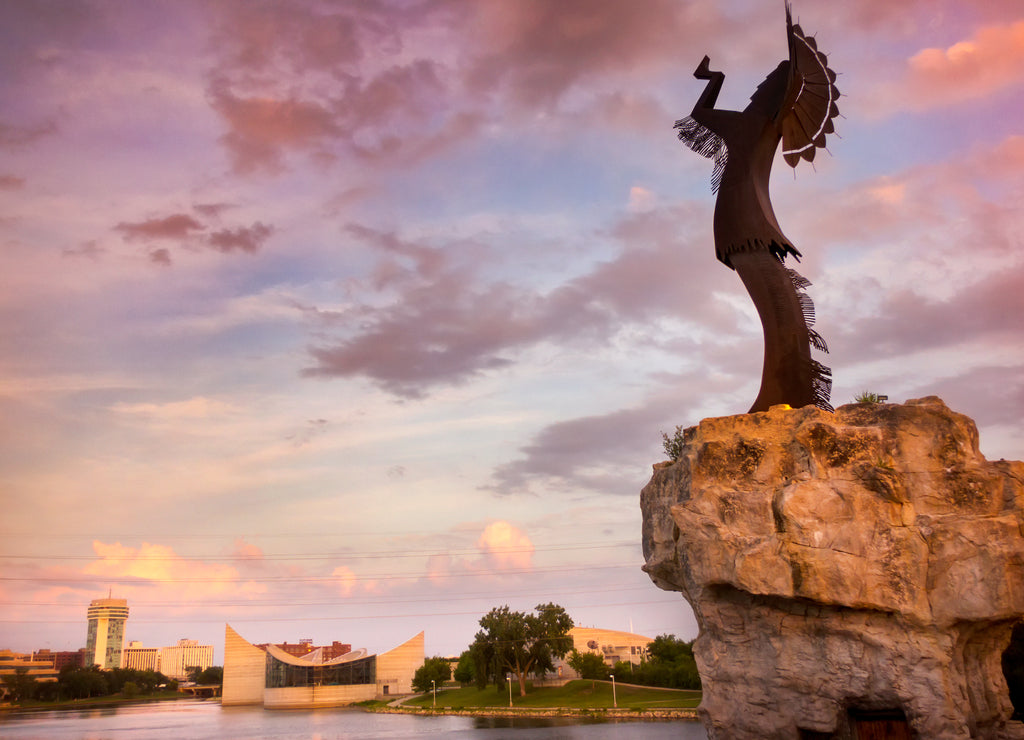 Beautiful Sunset With Keeper Of The Plains In Wichita Kansas
