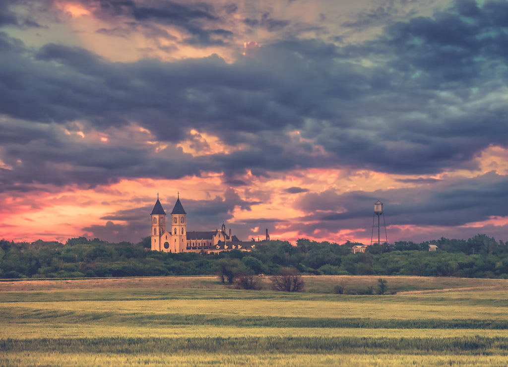 Victoria, Kansas USA - Panorama View of the Midwest Wheat Field Prairie and Cathedral of the Plains in Victoria Kansas USA