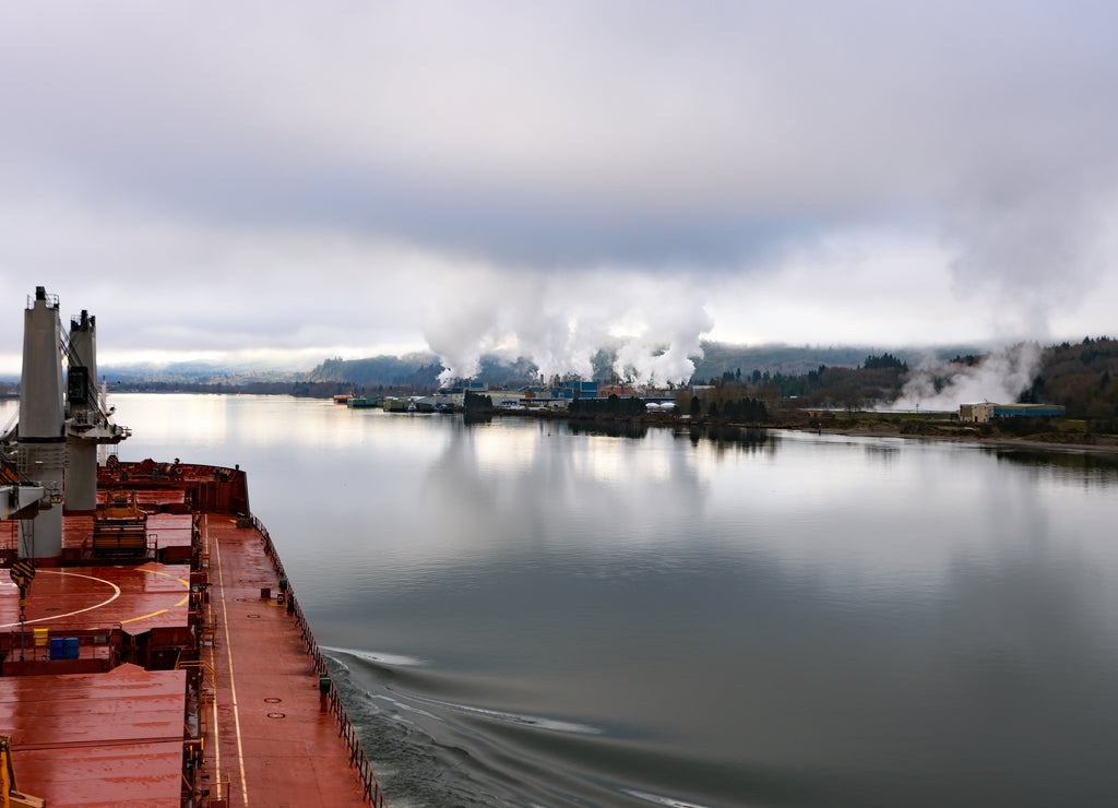 Cargo ship at beautiful Columbia river, Washington and Oregon in calm weather