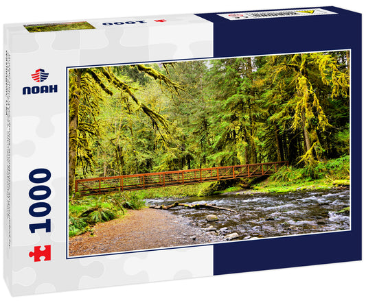 Bridge over river during springtime surrounded by moss covered trees, Olympic National Park, Washington, USA