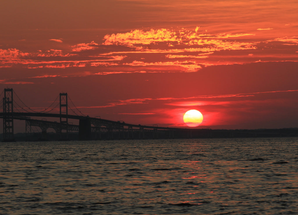 Chesapeake Bay Bridge at Sunset. Anne Arundel County, Maryland. Seen from Terrapin Beach Park