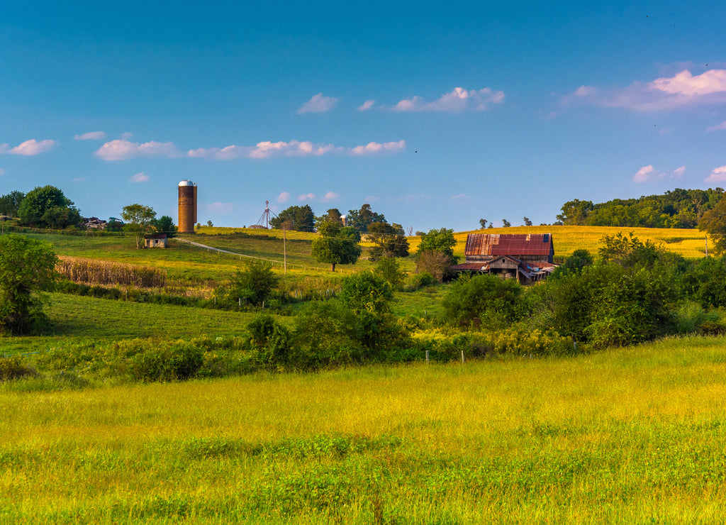 View of rolling hills and farm fields in rural Howard County, Maryland