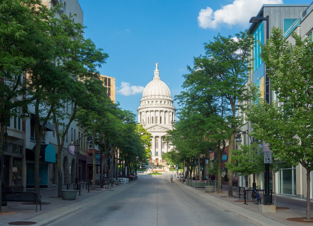 Wisconsin State Capitol building in a street scene in Madison, Wisconsin