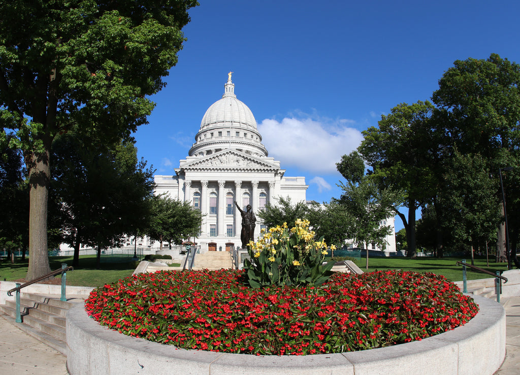 Wisconsin State Capitol building with the flower bed on foreground, National Historic Landmark. Madison, Wisconsin, USA. Horizontal composition, fish eye lens