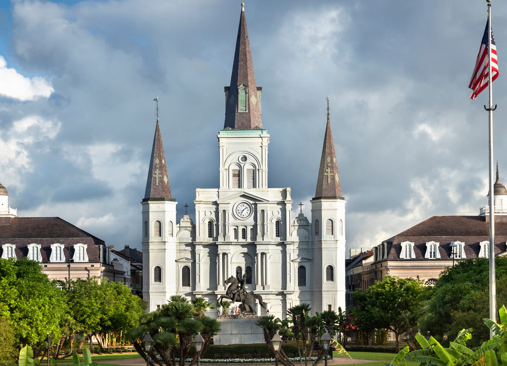 Historic St. Louis Cathedral panorama and the statue of Andrew Jackson across Jackson Square in New Orleans Louisiana USA