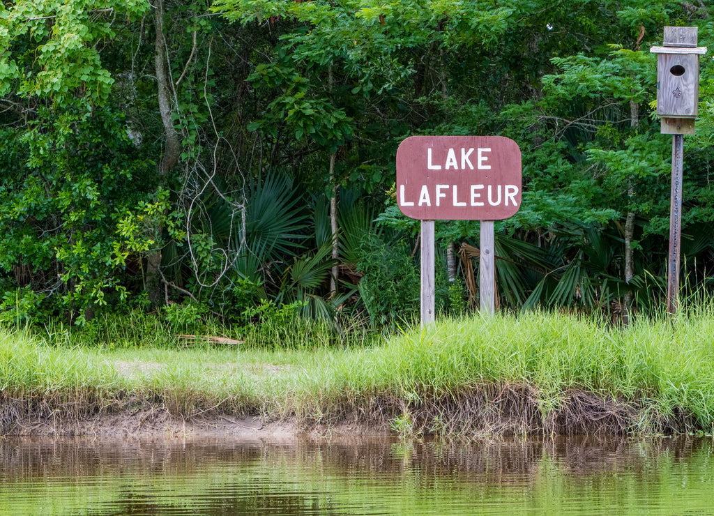 Lake Lafleur Sign and Bird House for Wood Ducks at Palmetto Island, Louisiana, USA