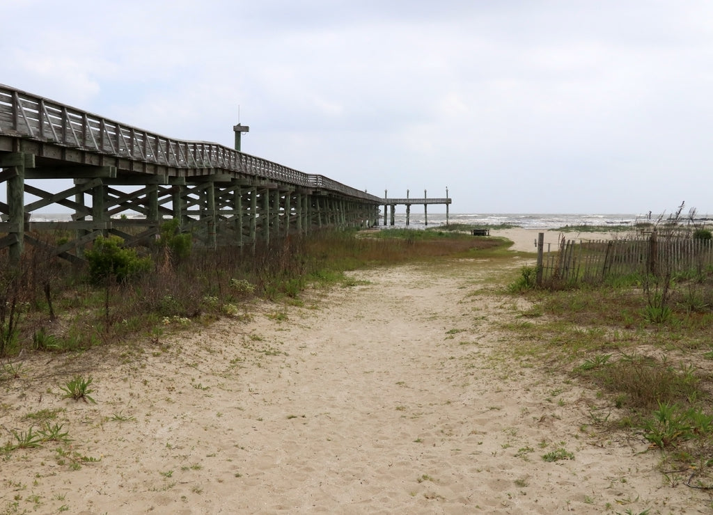 Louisiana wildlife and nature background. Way to the beach along wooden boardwalk and pier over the sand dunes at the Grand Isle State Park, Louisiana, South USA