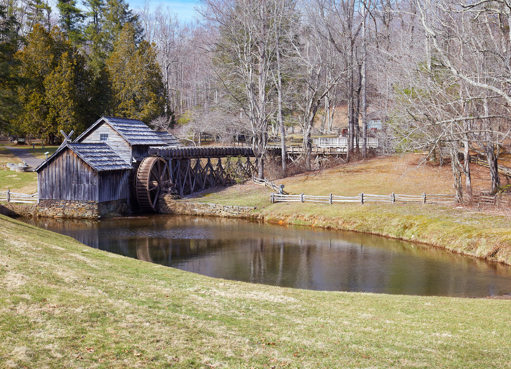 Winter view of Mabry Mill, located along the Blue Ridge Parkway south of Roanoke, Virginia