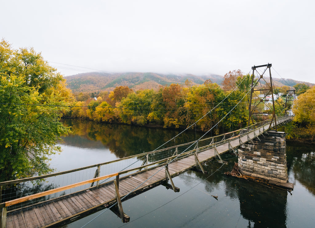 Swinging pedestrian bridge over the James River in Buchanan, Virginia