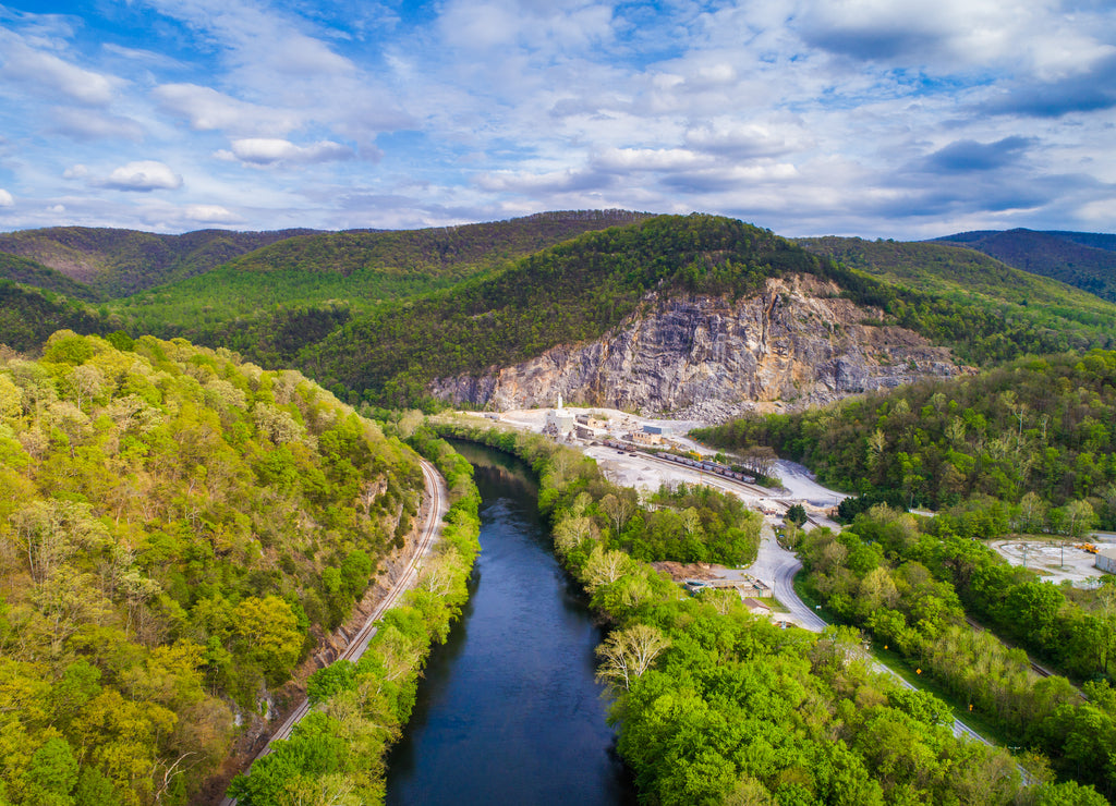 Aerial view of the James River and surrounding mountains in Buchanan, Virginia