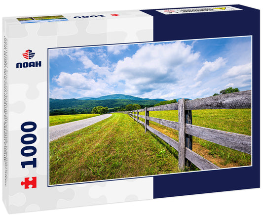 Farm road fence closeup in Roseland, Virginia near Blue Ridge parkway mountains in summer with idyllic rural landscape countryside in Nelson County