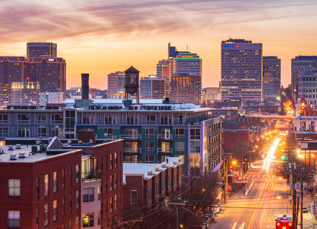 Golden Sunset View in Downtown Richmond Virginia, from atop Libby Hill Park by Main Street