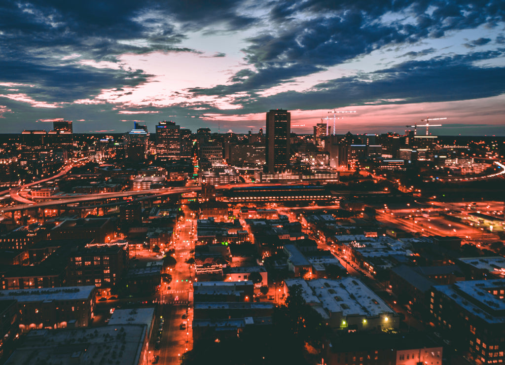 Aerial view of downtown Richmond, Virginia at night