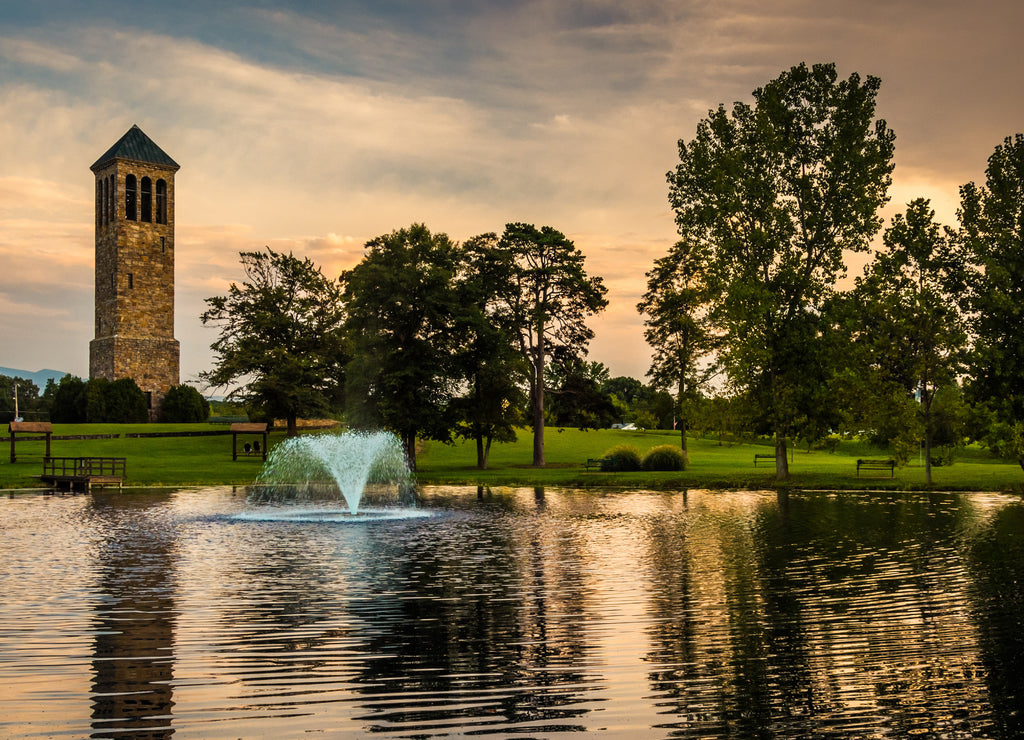 The singing tower and a pond in Carillon Park, Luray, Virginia