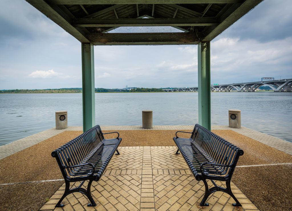 Benches on the Potomac River waterfront, in Alexandria, Virginia